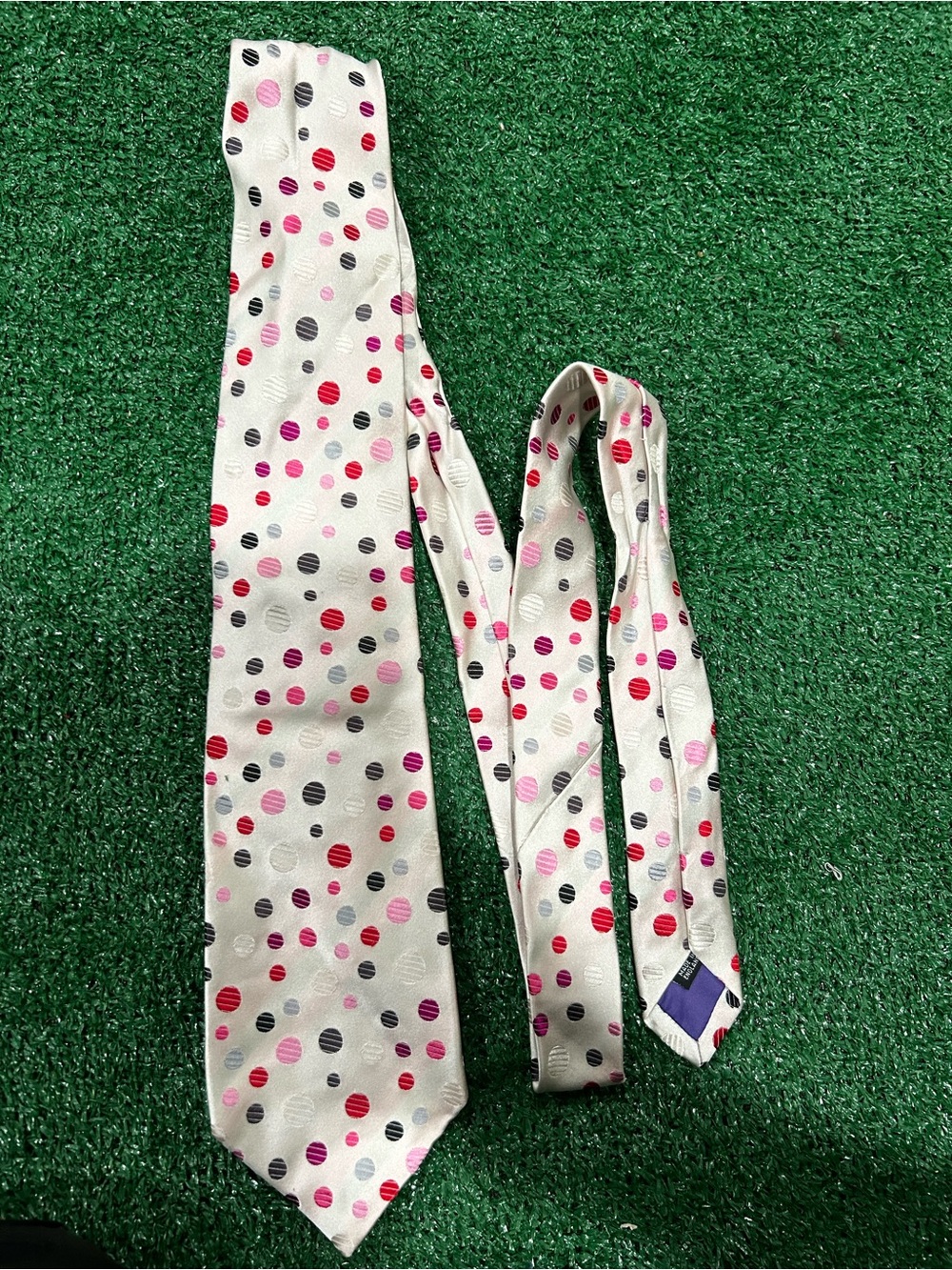 Duchamp London Silk Tie Hand Made England Ivory Multicolor Polka Dot Luxury